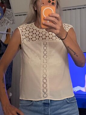 Monteau Cream Crochet Yoke Sleeveless Top